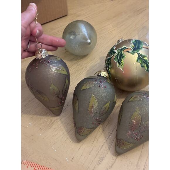 5- Green Gold hand crafted glass Xmas ornaments onion tear drop Glitter Leafs - Picture 13 of 14